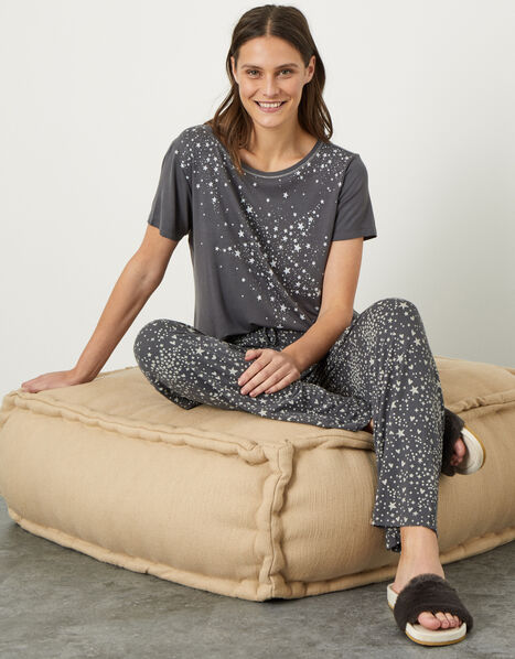Star Print Jersey Pyjama Set Grey, Grey (CHARCOAL), large