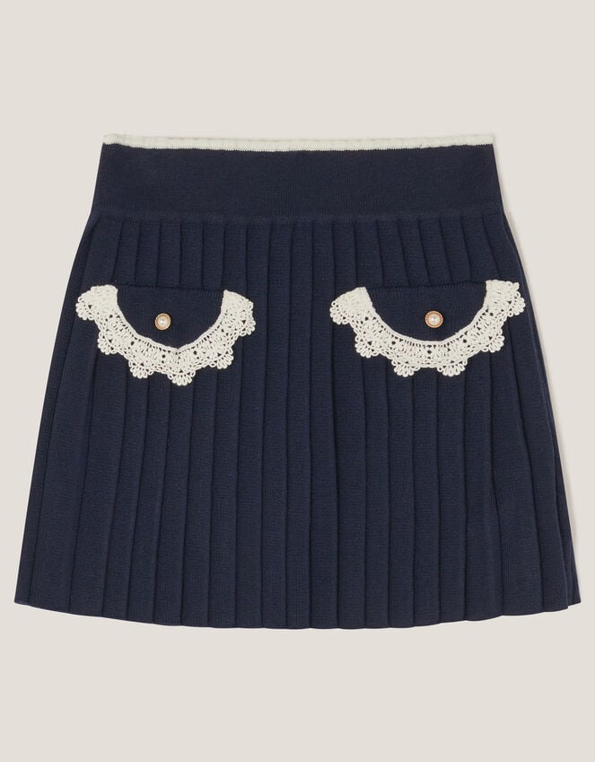 Crochet Knit Pleated Skirt, Blue (NAVY), large