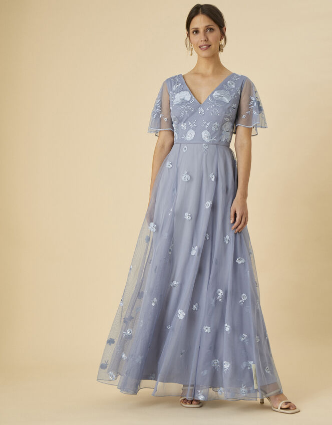 Bree Embroidered Maxi Dress in Recycled Polyester , Blue (BLUE), large
