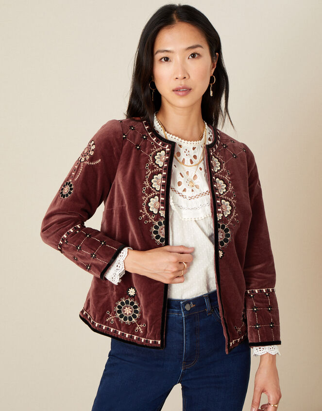 Embroidered Velvet Jacket Brown