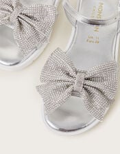 Diamante Bow Metallic Sandals, Silver (SILVER), large