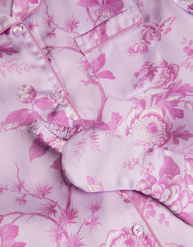 Floral Satin Short Pyjamas & Sleep Mask Set, Purple (LILAC), large