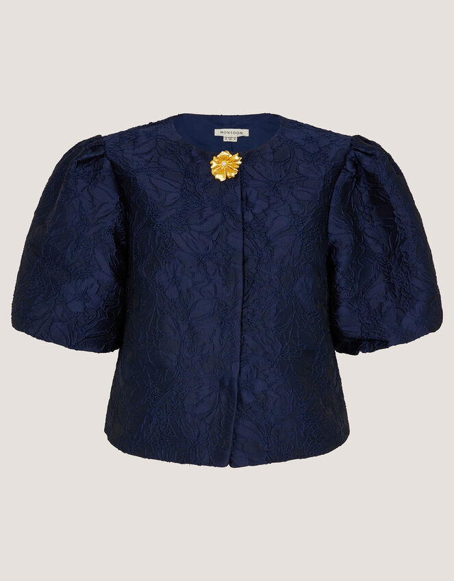 Juliana Floral Jacquard Puff Sleeve Jacket, Blue (NAVY), large