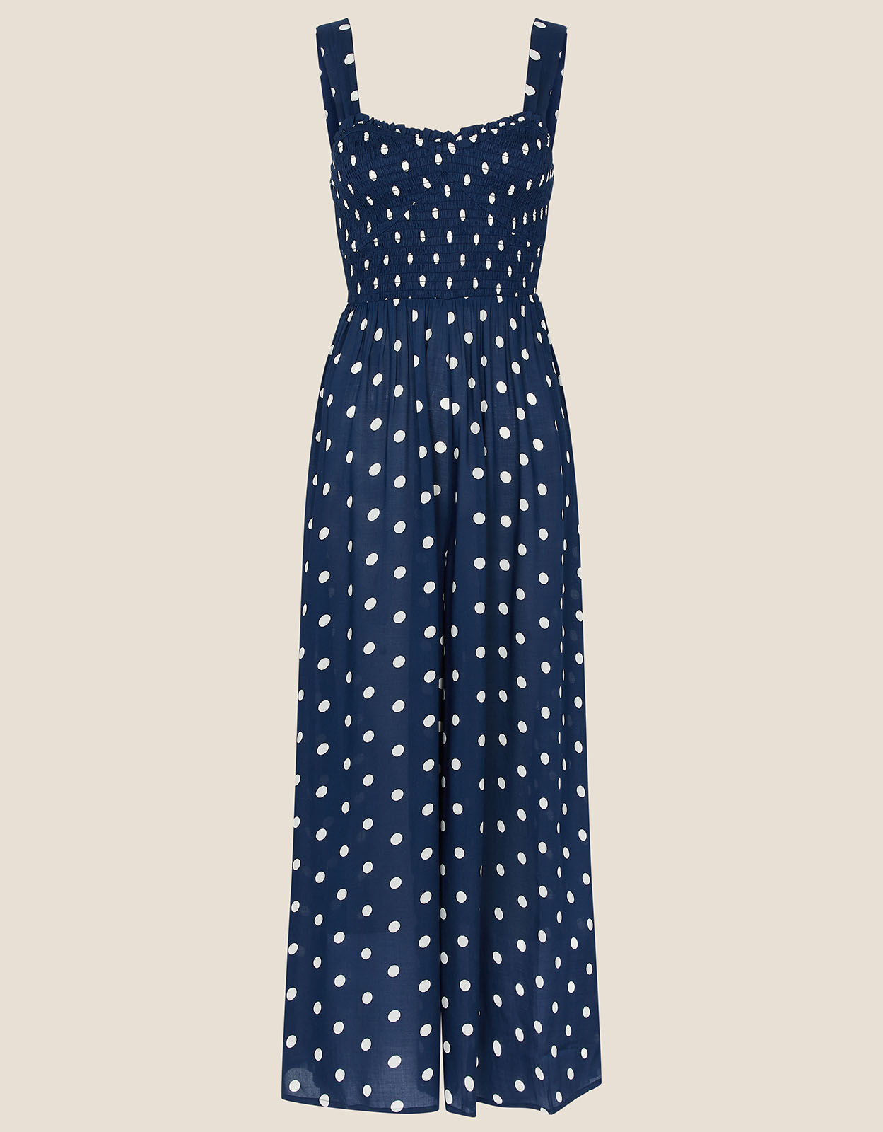 Blue and white polka dot jumpsuit shop