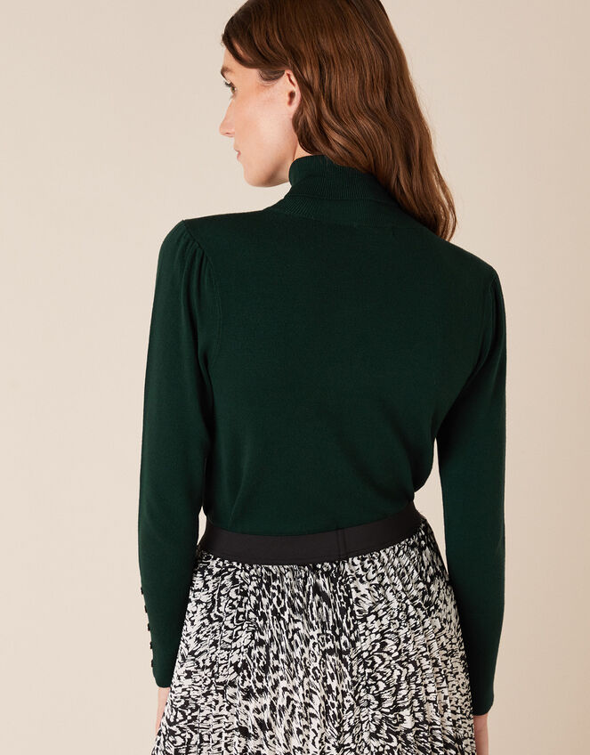 Roll Neck Button Cuffs Knit Jumper, Green (DARK GREEN), large