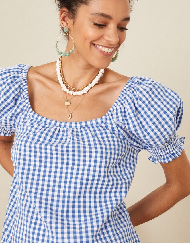 Gingham Top in Pure Cotton, Blue (BLUE), large