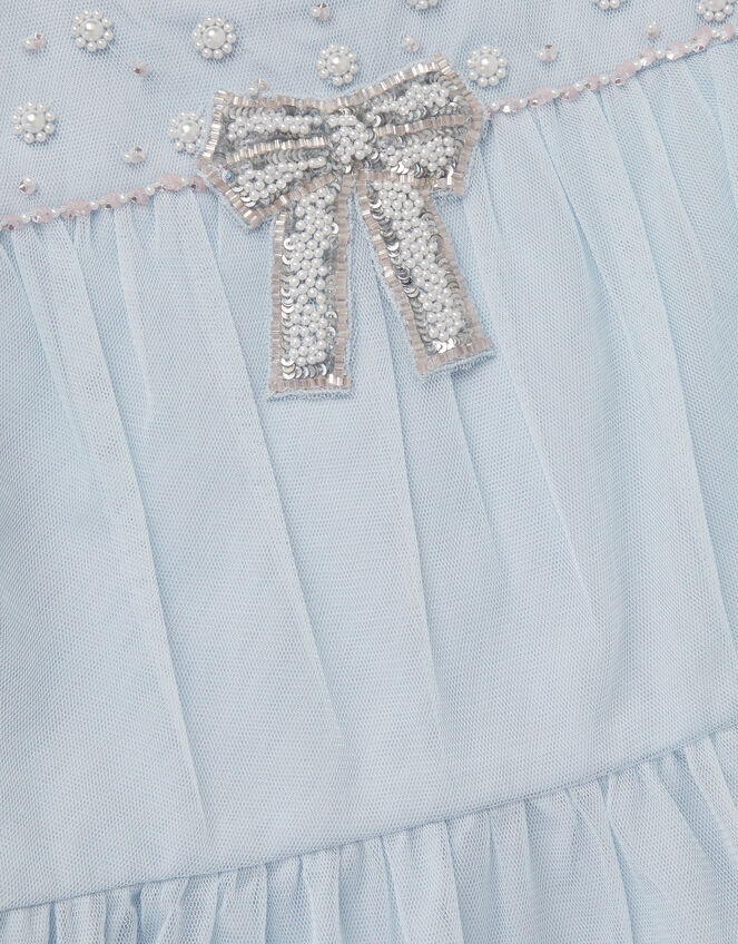 Long Sleeve Bow Beaded Ruffle Dress, Blue (BLUE), large