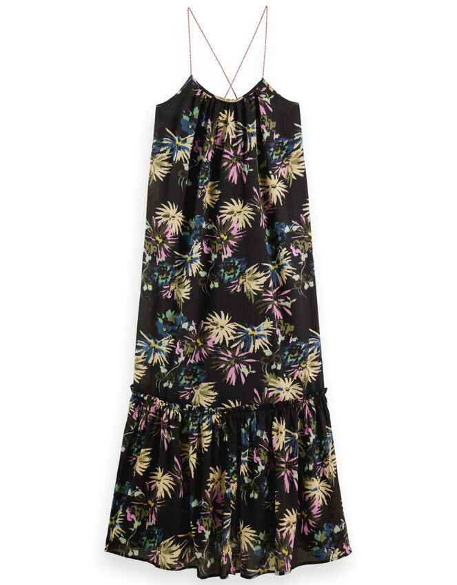 Scotch and Soda Print Tiered Maxi Dress Shorter Length, Black (BLACK), large