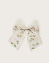 Floral Embroidered Bow Hair Clip, , large