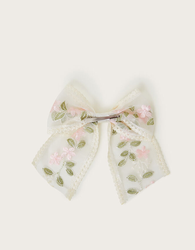Floral Embroidered Bow Hair Clip, , large