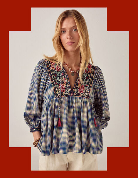 Maison Hotel April Embroidered Gingham Blouse, Blue (BLUE), large