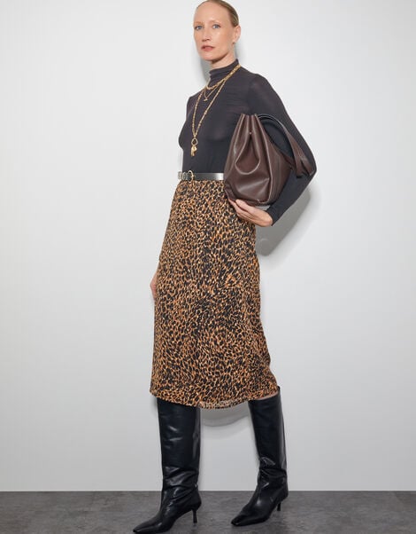 Liza Leopard Print Midi Skirt, Brown (BROWN), large