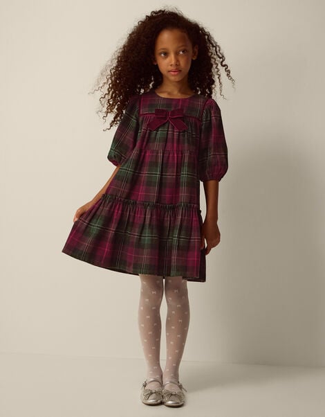 Velvet Bow Tartan Dress, Red (RED), large