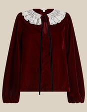 Monsoon x Queens of Archive Phoebe Lace Collar Velvet Top​, Red (RED), large