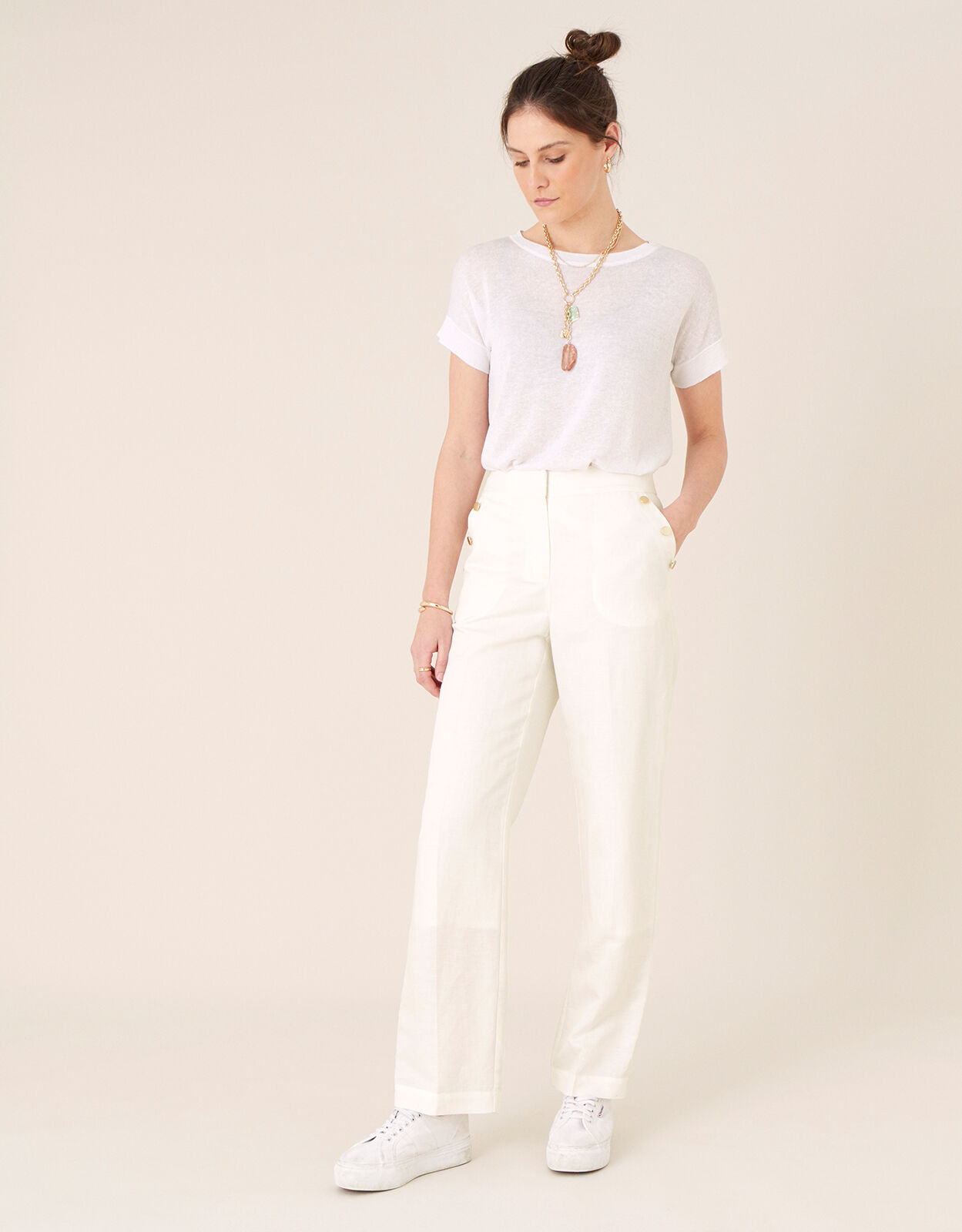 Smart Regular Length Trousers in Linen Blend White