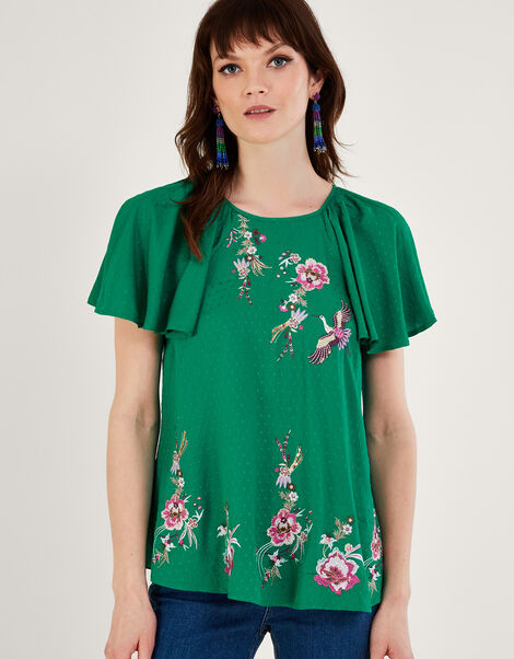 Jenny Embellished Flutter Sleeve T-Shirt Green, Green (GREEN), large