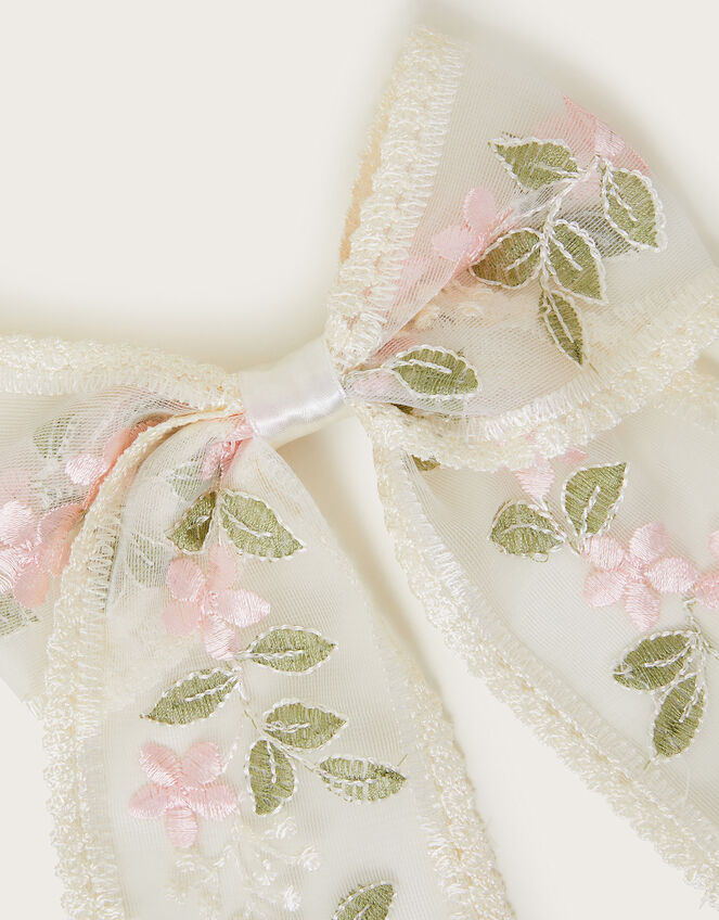 Floral Embroidered Bow Hair Clip, , large