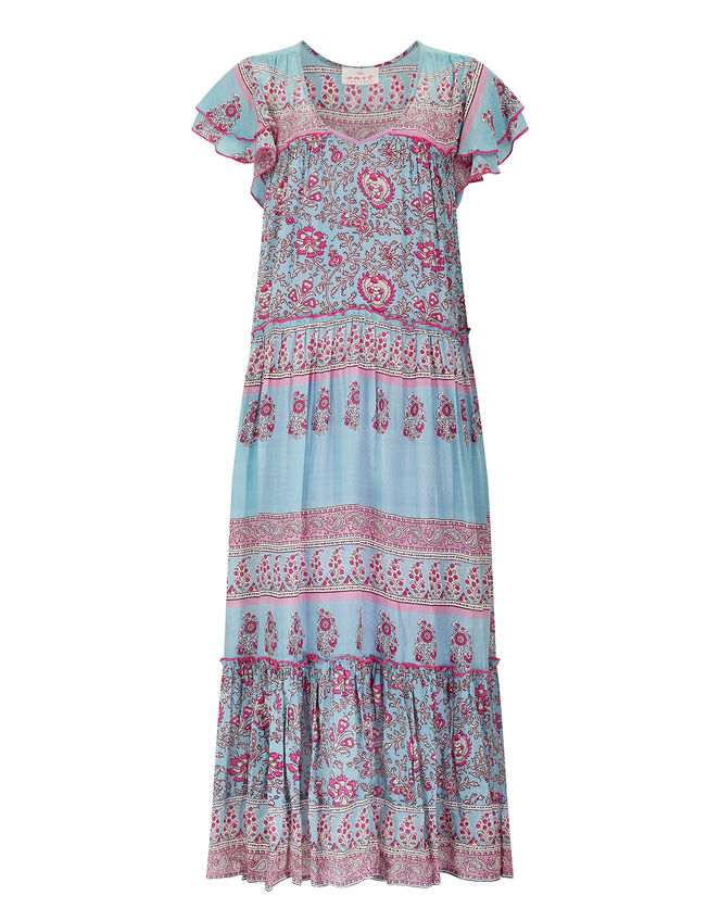 East Print Frill Sleeve Dress, Blue (AQUA), large