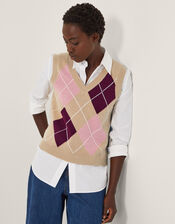 Anne Sleeveless Argyle Knitted Vest, Camel (CAMEL), large
