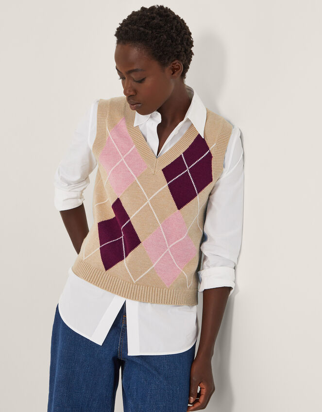 Anne Sleeveless Argyle Knitted Vest, Camel (CAMEL), large