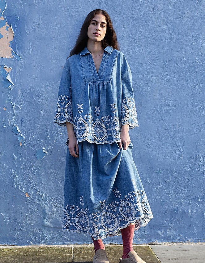 East Denim Broderie Shirt, Blue (BLUE), large