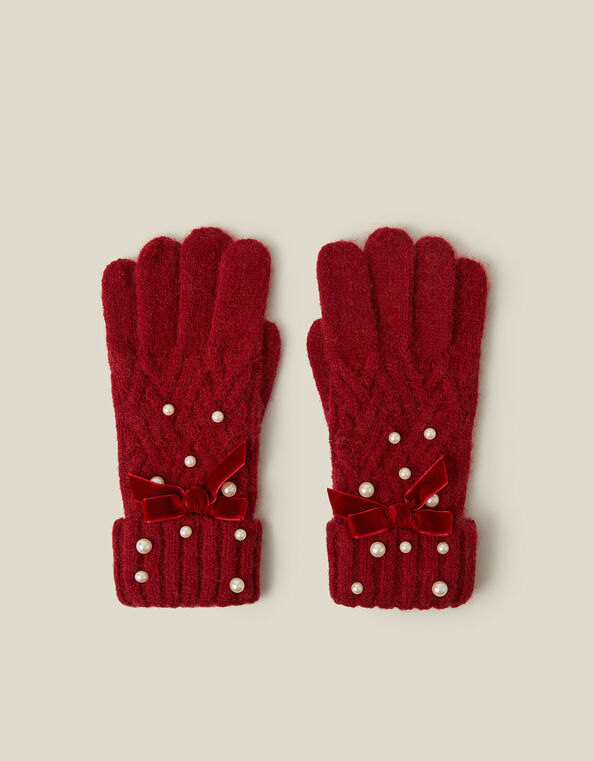 Pearl Cable Knit Gloves, Red (RED), large