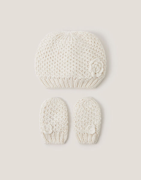 Baby Knit Beanie & Mitten Set, Ivory (IVORY), large