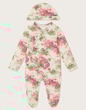 Newborn Betsy Floral Sleepsuit and Hat, Ivory (IVORY), large