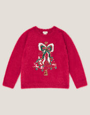 Embellished Tree Fuzzy Christmas Sweater, Red (RED), large