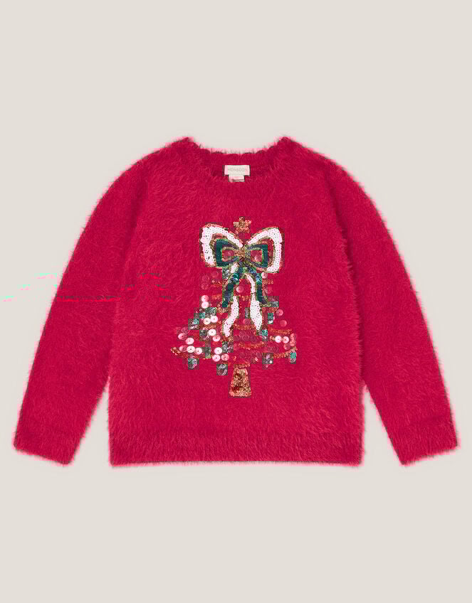 Embellished Tree Fuzzy Christmas Sweater, Red (RED), large