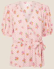 Gabriella Gingham Floral Wrap Top, Pink (PINK), large