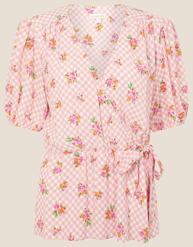 Gabriella Gingham Floral Wrap Top, Pink (PINK), large