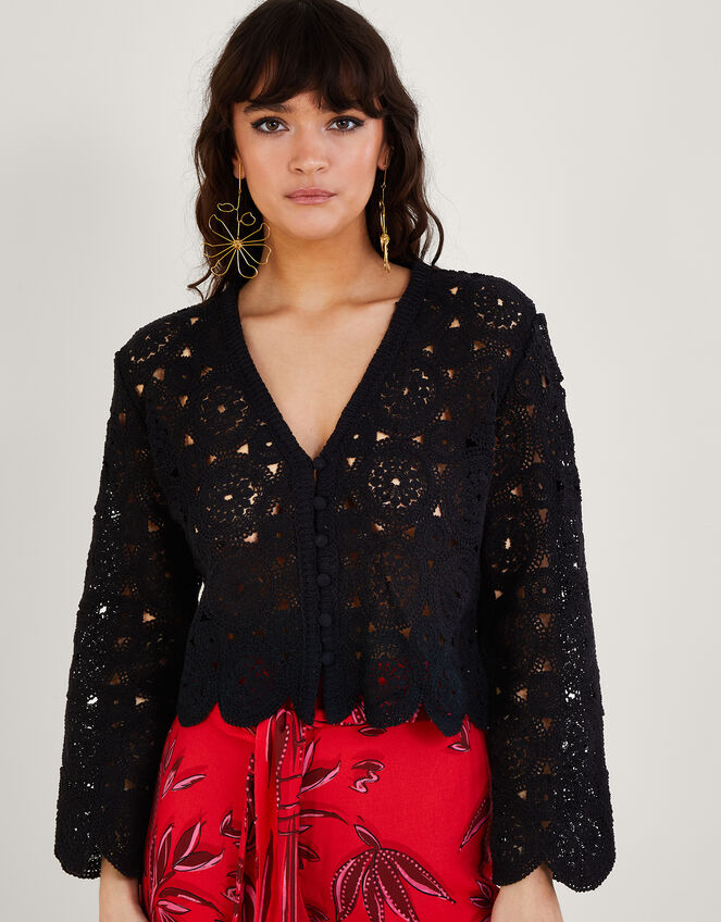 Crochet Crop Cardigan in Sustainable Cotton, Black (BLACK), large