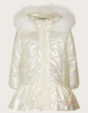 Baby Metallic Skirted Coat with Hood, Ivory (IVORY), large