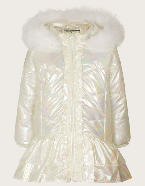 Baby Metallic Skirted Coat with Hood, Ivory (IVORY), large