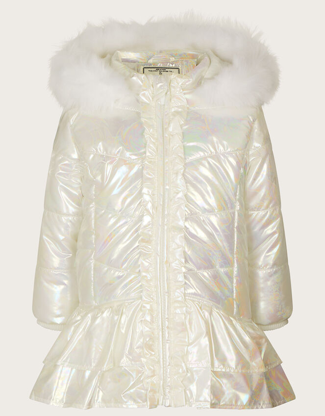 Baby Metallic Skirted Coat with Hood, Ivory (IVORY), large