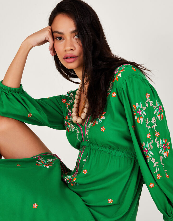 Embroidered Maxi Kaftan Dress, Green (GREEN), large
