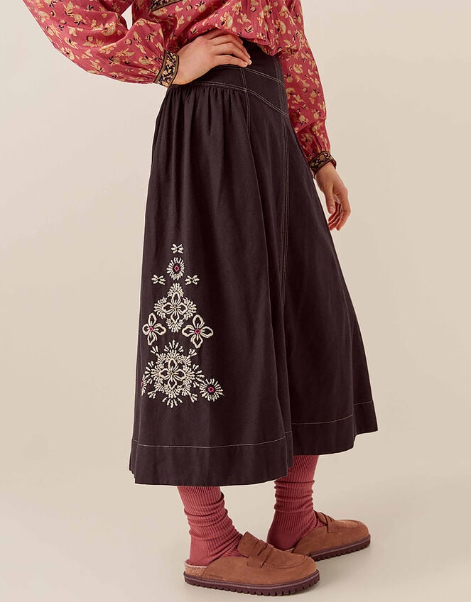 East Cora Floral Embroidered Cotton Twill Skirt, Blue (NAVY), large