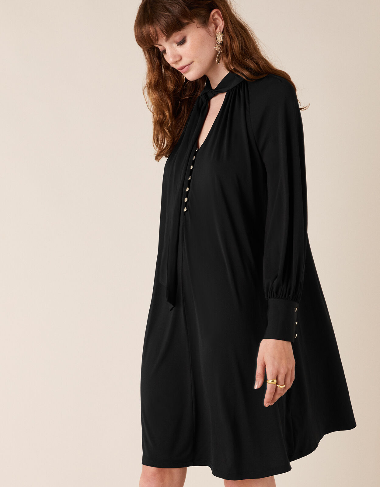 Tie Neck Smart Short Jersey Dress Black