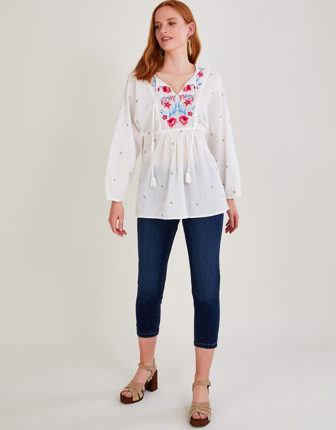 Embroidered Long Sleeve Tunic Top in Sustainable Cotton, White (WHITE), large