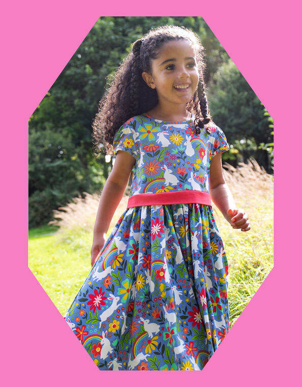 Frugi Issey Bunny Print Party Dress, Blue (BLUE), large