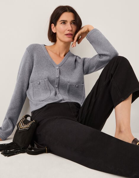 Viola V-Neck Cropped Cardigan, Grey (GREY), large