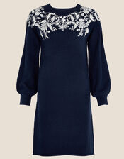 Floral Embroidered Yoke Dress with Recycled Polyester, Blue (NAVY), large