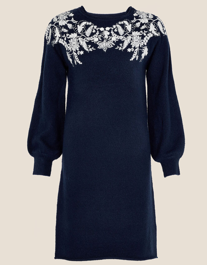 Floral Embroidered Yoke Dress with Recycled Polyester, Blue (NAVY), large