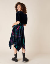 Persephone Peacock Print Hanky Hem Dress, Black (BLACK), large
