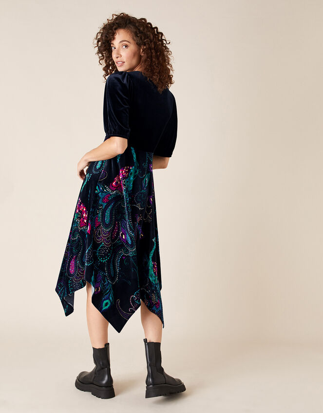 Persephone Peacock Print Hanky Hem Dress, Black (BLACK), large
