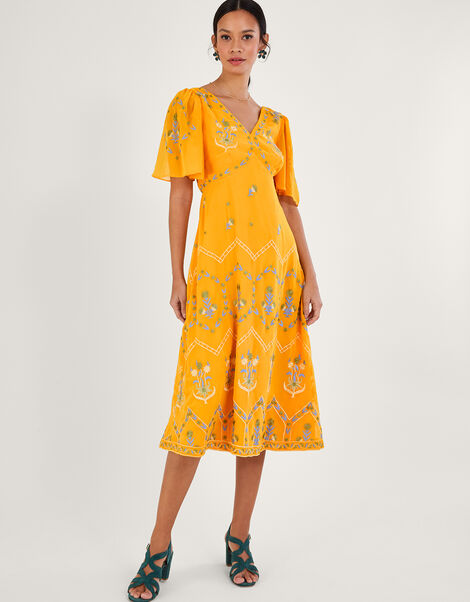 Margo Embroidered Tea Dress in Recycled Polyester, Yellow (YELLOW), large