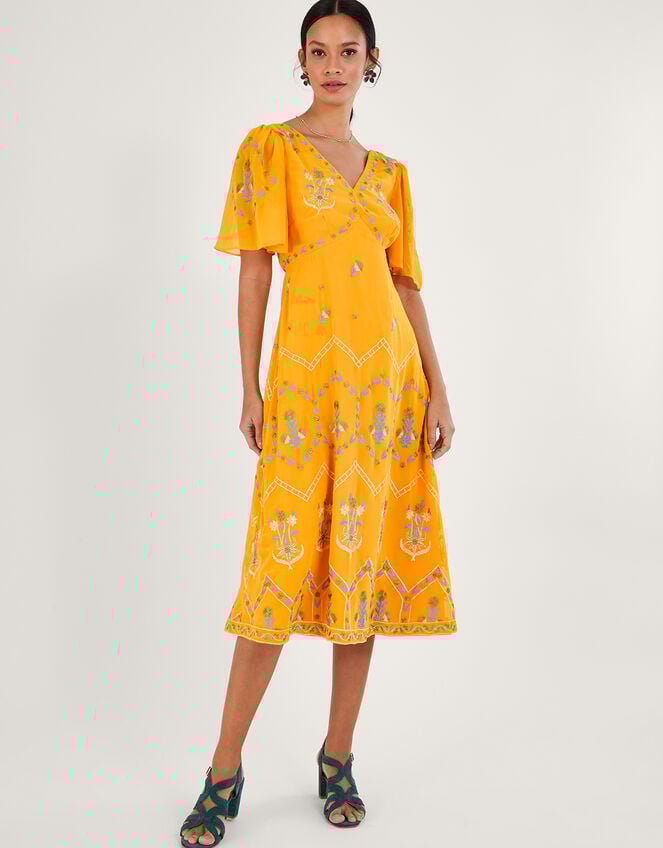 Margo Embroidered Tea Dress in Recycled Polyester, Yellow (YELLOW), large