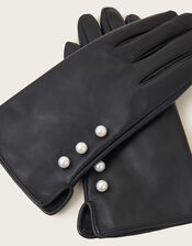Leather Pearl Button Gloves, Black (BLACK), large