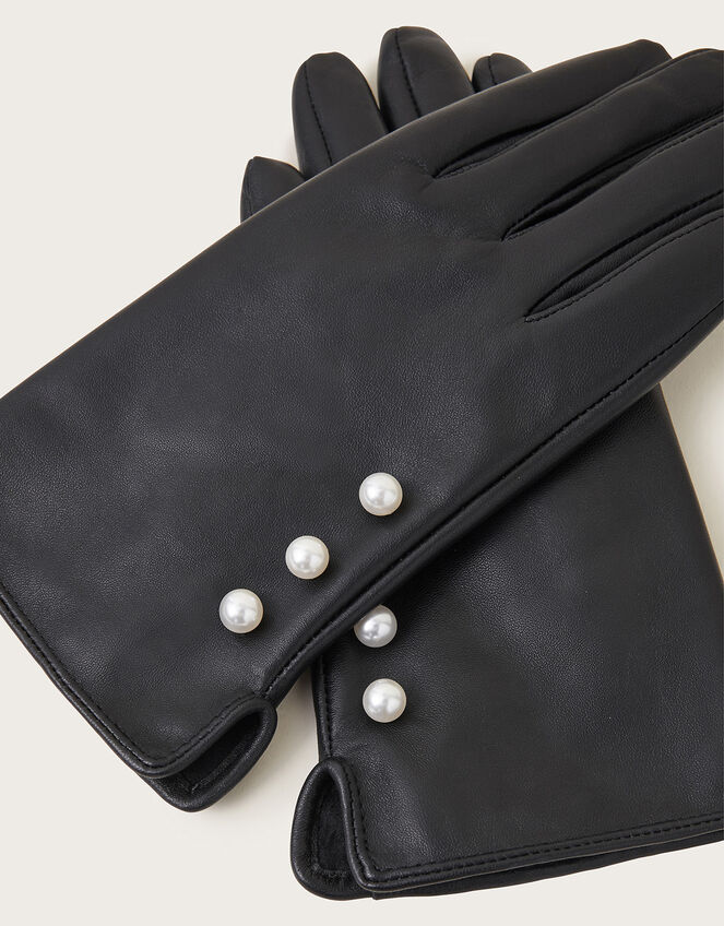 Leather Pearl Button Gloves, Black (BLACK), large